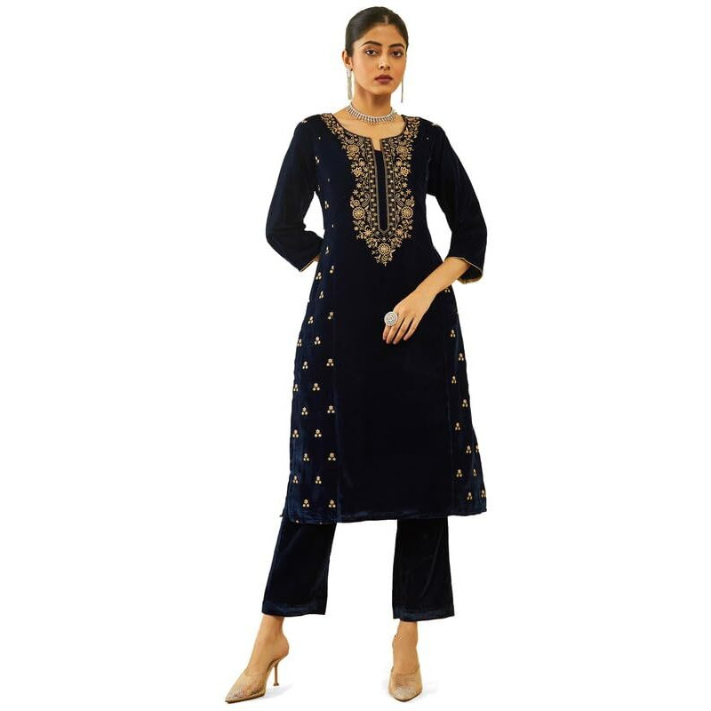 Soch Womens Navy Blue Velvet Floral Zari Embroidered Straight Kurta Set