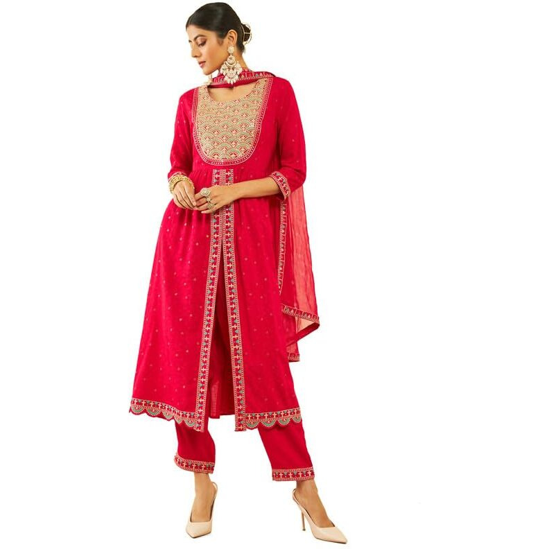 Soch Womens Fuchsia Rayon Slub Embroidered Suit Set With Dupatta(Ewa3Cd20279A)