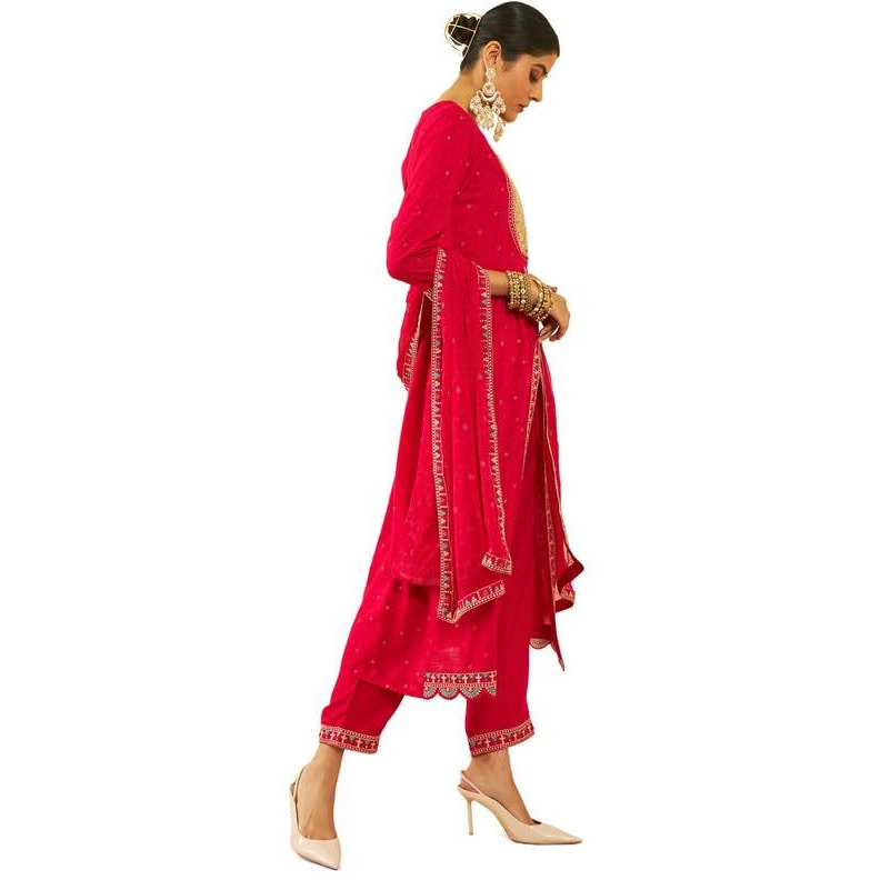 Soch Womens Fuchsia Rayon Slub Embroidered Suit Set With Dupatta(Ewa3Cd20279A)