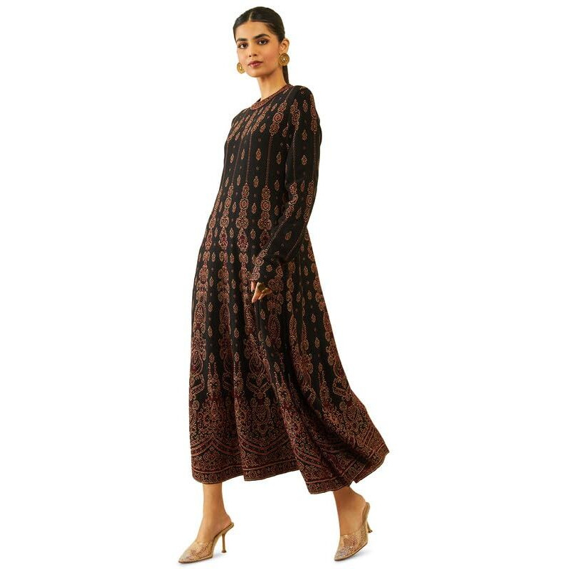 Soch Womens Black Acrylic Ethnic Motifs Pattern Knitted Flared Winter Dress