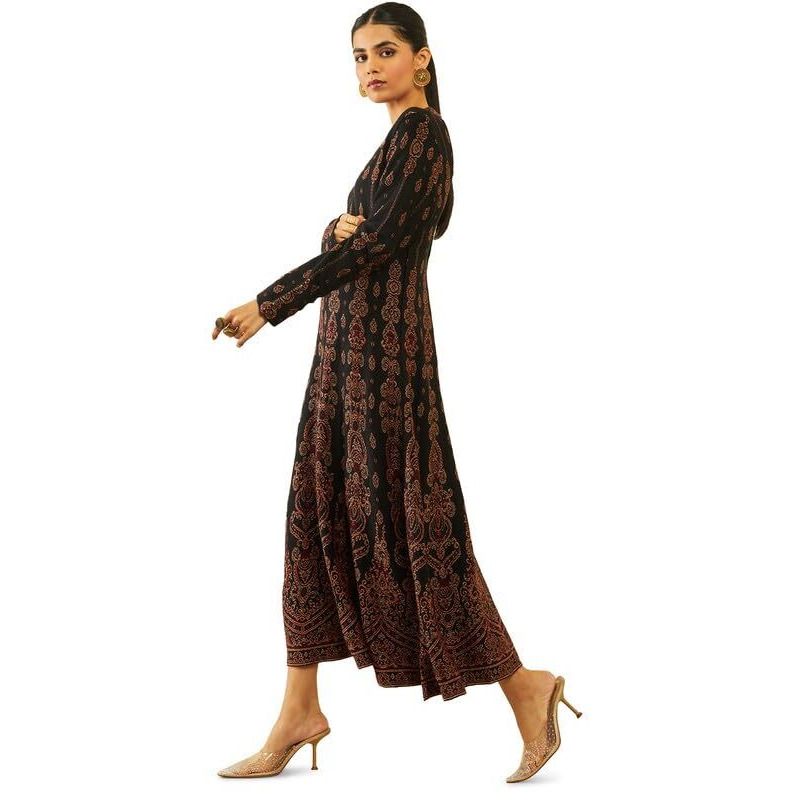 Soch Womens Black Acrylic Ethnic Motifs Pattern Knitted Flared Winter Dress