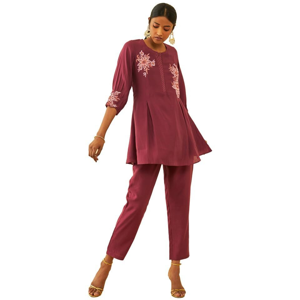 Soch Womens Onion Pink Muslin Embroidered Co-Ord Set With Thread Work