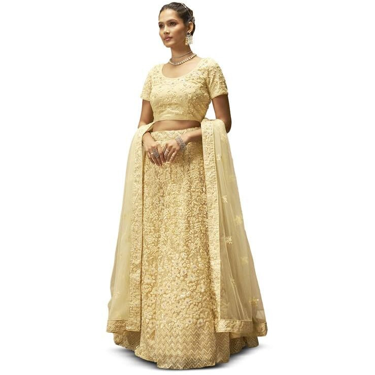 Soch Womens Yellow Net Floral Embroidered Sequin Embellished Unstitched Lehenga Set