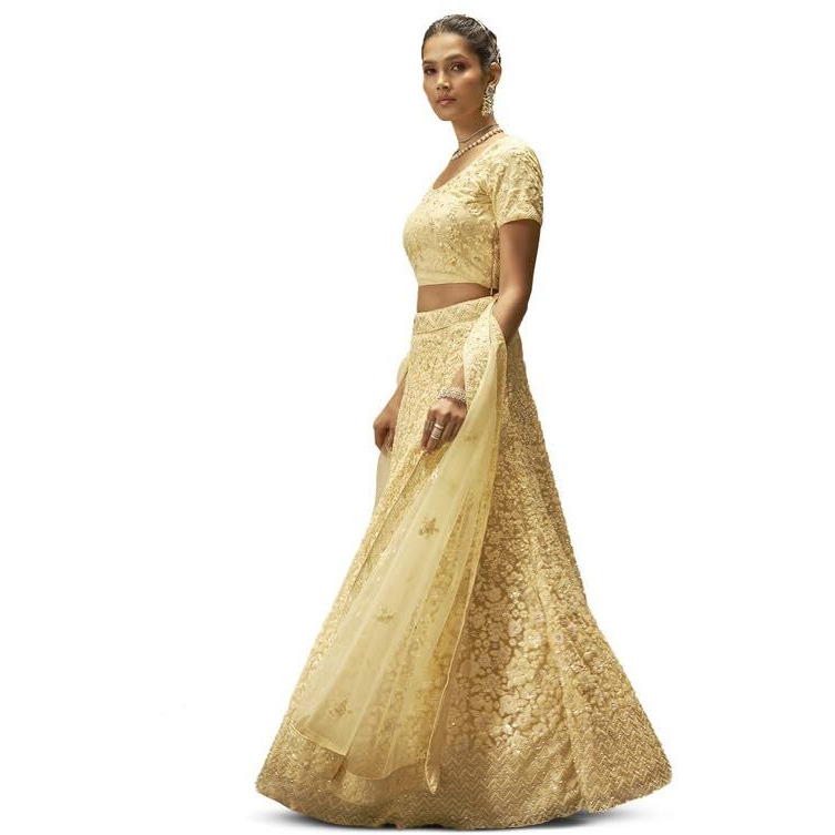 Soch Womens Yellow Net Floral Embroidered Sequin Embellished Unstitched Lehenga Set
