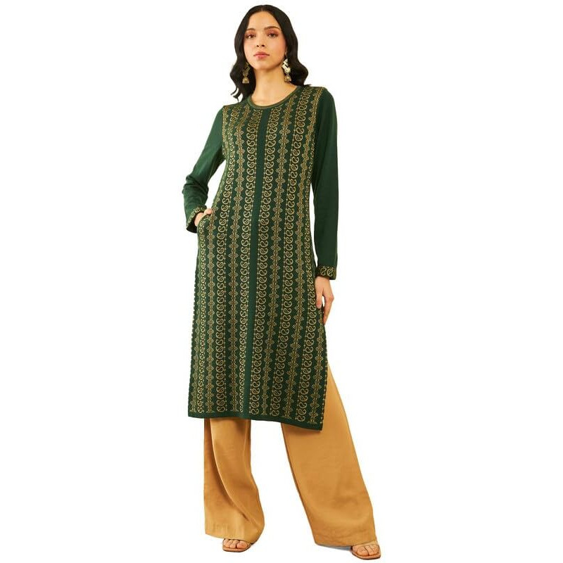 Soch Womens Green Acrylic Paisley Pattern Straight Winter Kurta With Pocket(Ww-Cwa3Ku60354A)