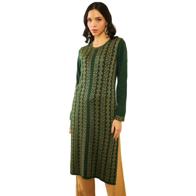 Soch Womens Green Acrylic Paisley Pattern Straight Winter Kurta With Pocket(Ww-Cwa3Ku60354A)