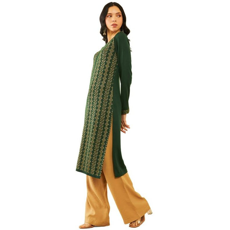 Soch Womens Green Acrylic Paisley Pattern Straight Winter Kurta With Pocket(Ww-Cwa3Ku60354A)