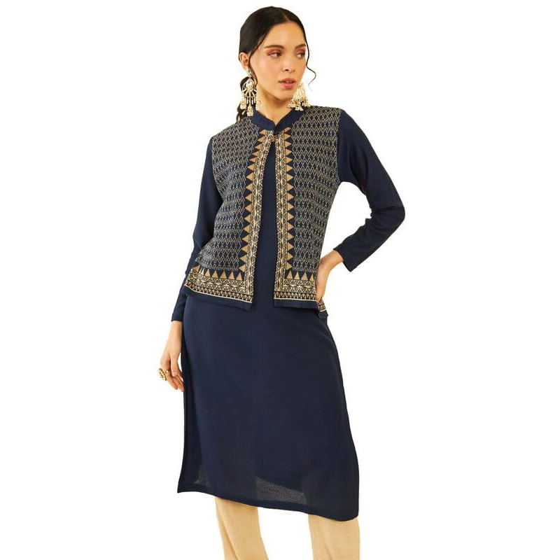 Soch Womens Navy Blue Acrylic Straight Winter Kurta With Jacket Overlay(Ww-Cwa3Ku60357A)