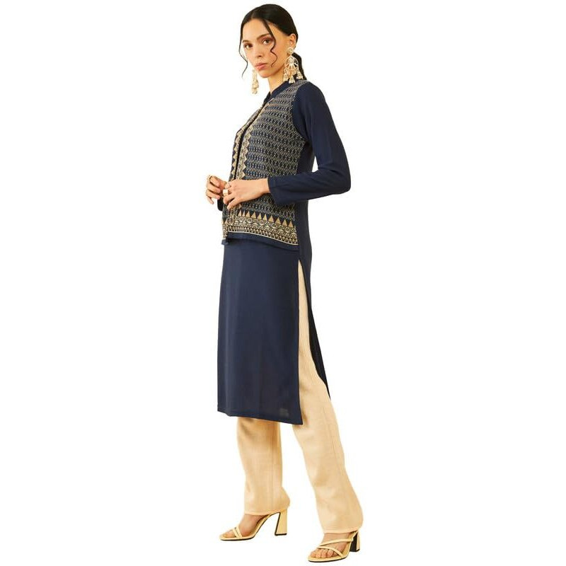 Soch Womens Navy Blue Acrylic Straight Winter Kurta With Jacket Overlay(Ww-Cwa3Ku60357A)