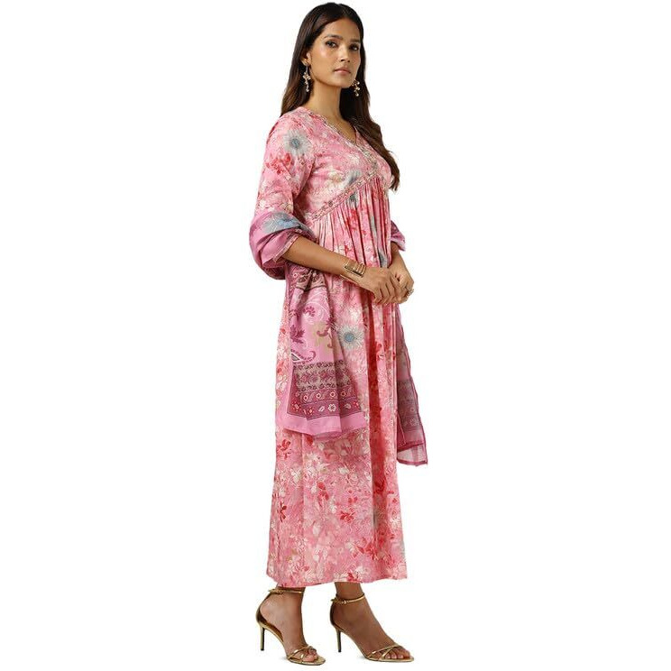 Soch Womens Blush Pink Cotton Floral Print Kurta With Mirror And Cutdana