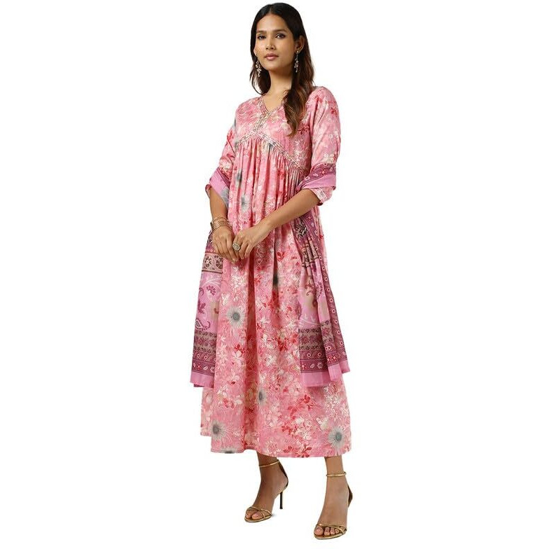 Soch Womens Blush Pink Cotton Floral Print Kurta With Mirror And Cutdana