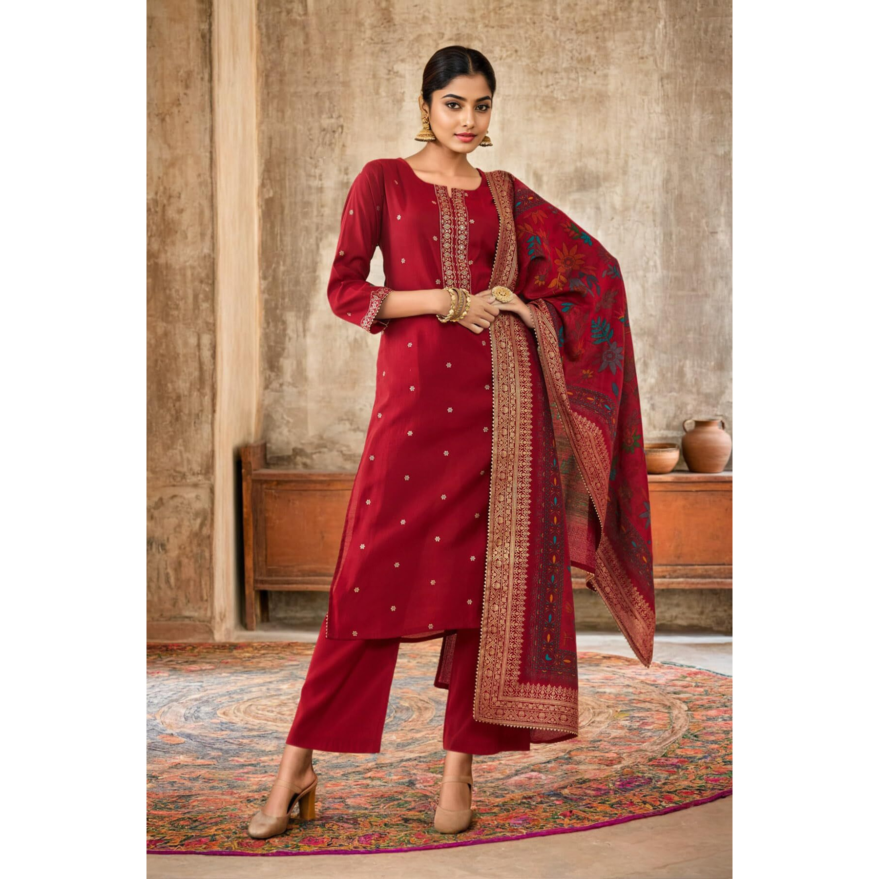 Soch Womens Maroon Muslin Floral Print Suit Set With Printed Dupatta(Lg-Ewa3Cd20252A)