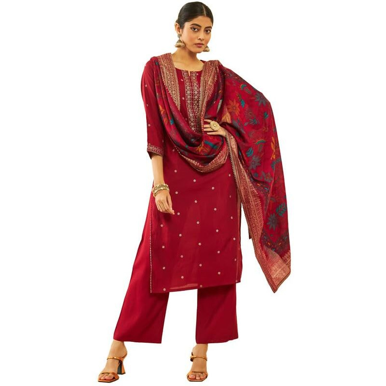 Soch Womens Maroon Muslin Floral Print Suit Set With Printed Dupatta(Lg-Ewa3Cd20252A)