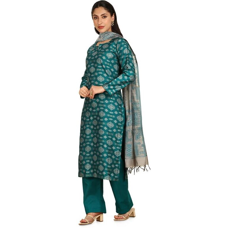 Soch Womens Teal Chanderi Woven Design Unstitch Dress Material