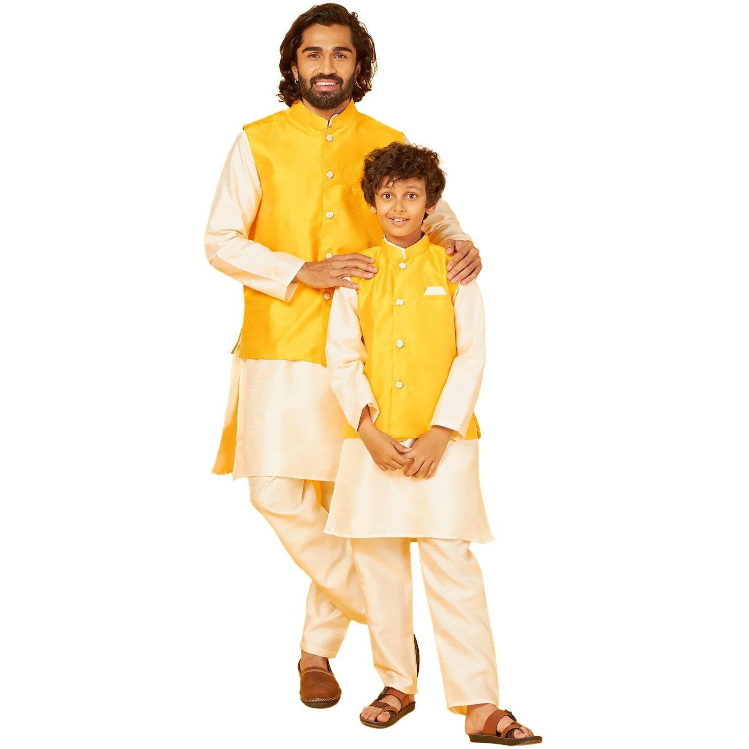 White Silk Kurta With Gold Bandi Pajama Set For Men