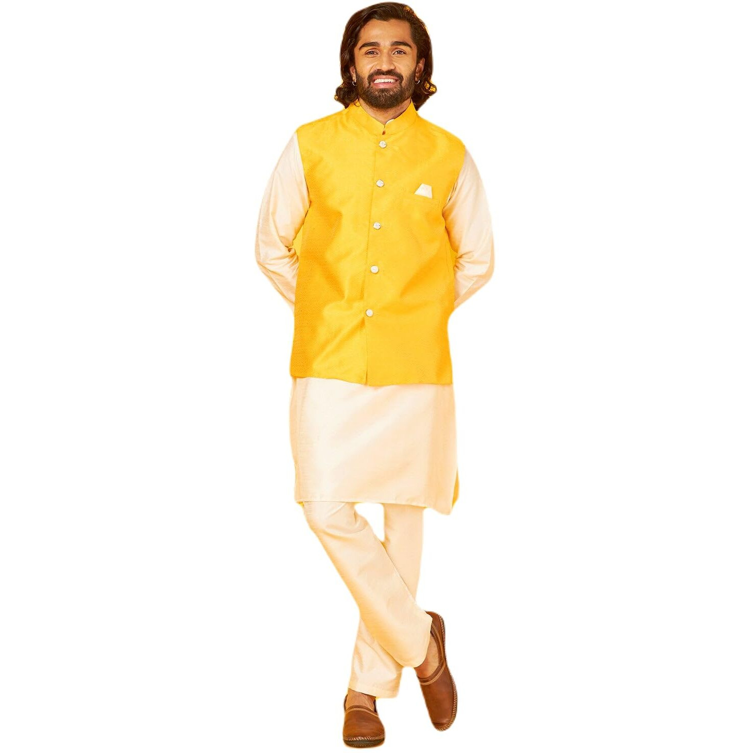 White Silk Kurta With Gold Bandi Pajama Set For Men