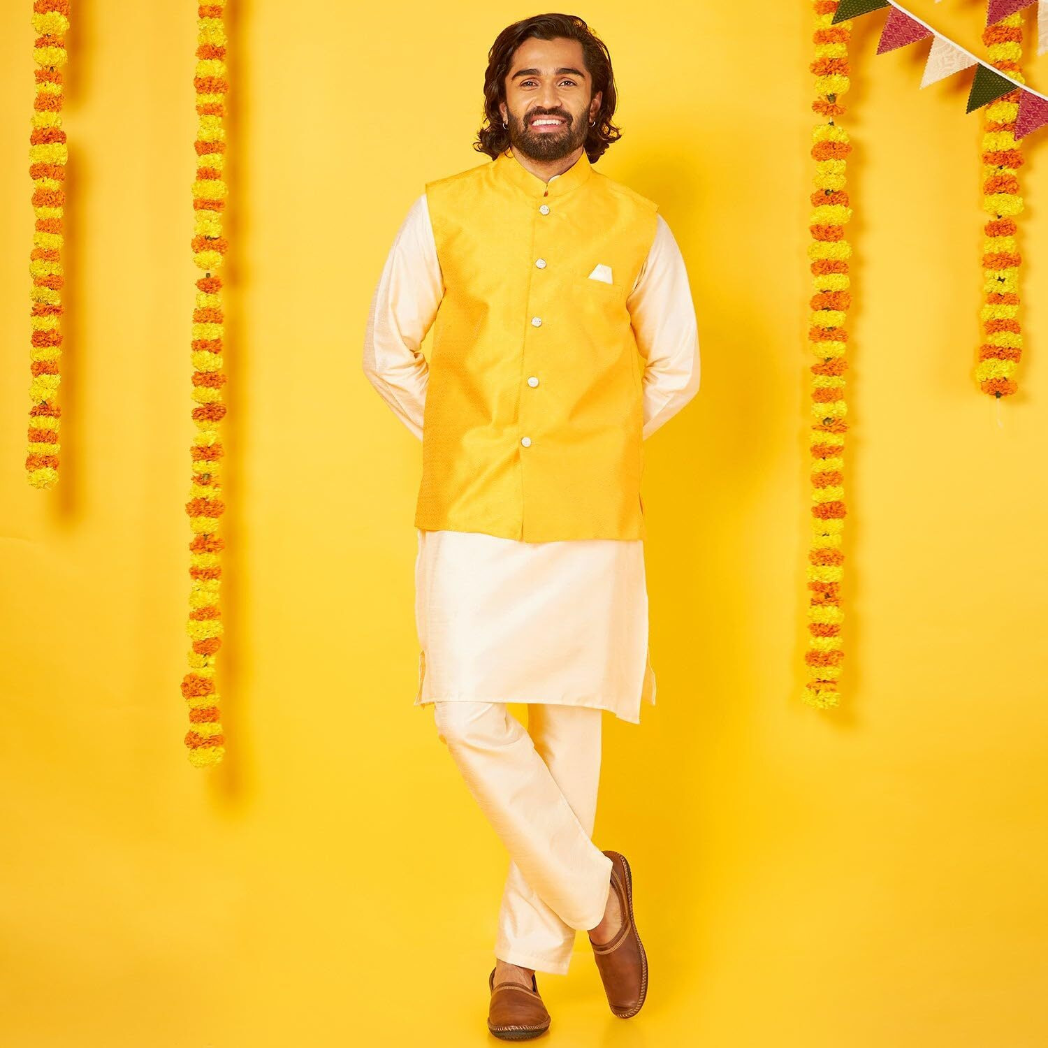 White Silk Kurta With Gold Bandi Pajama Set For Men