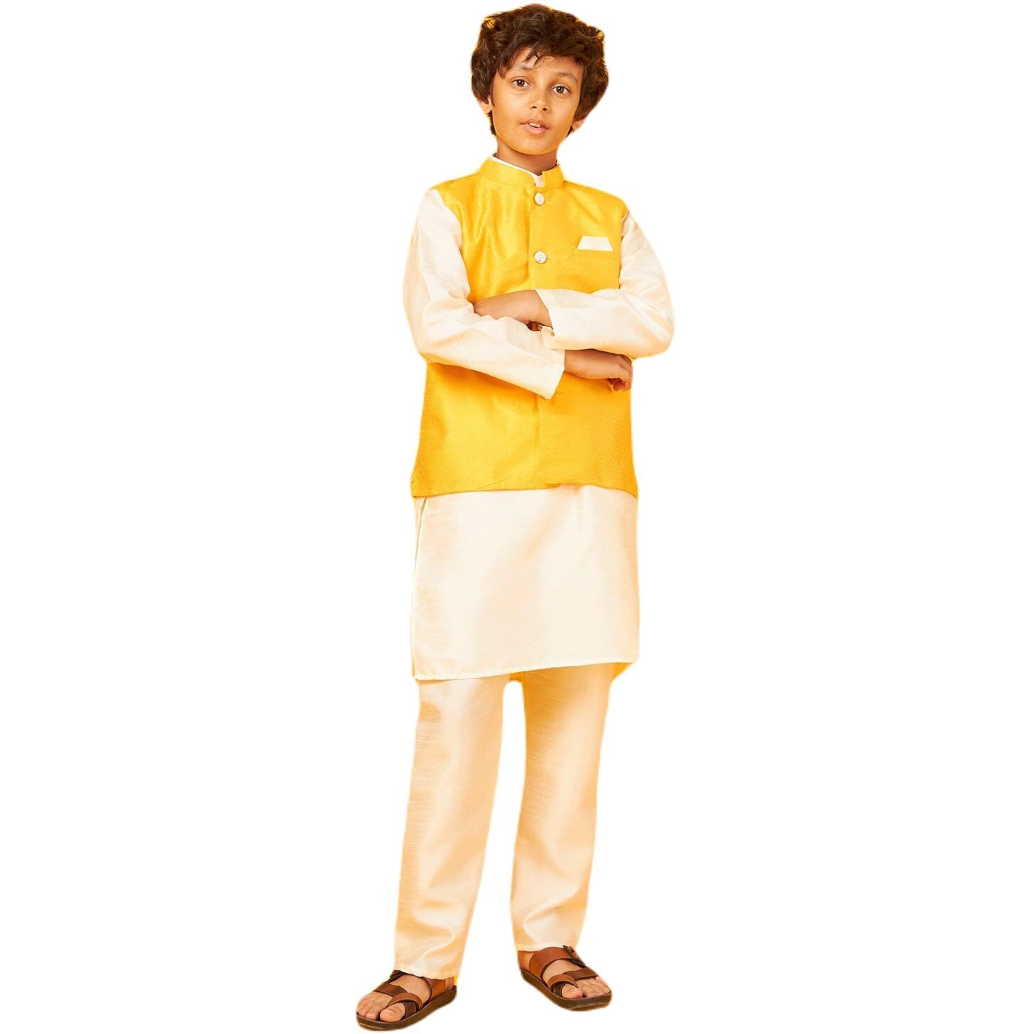 White Silk Kurta With Gold Bandi Pajama Set For Boy