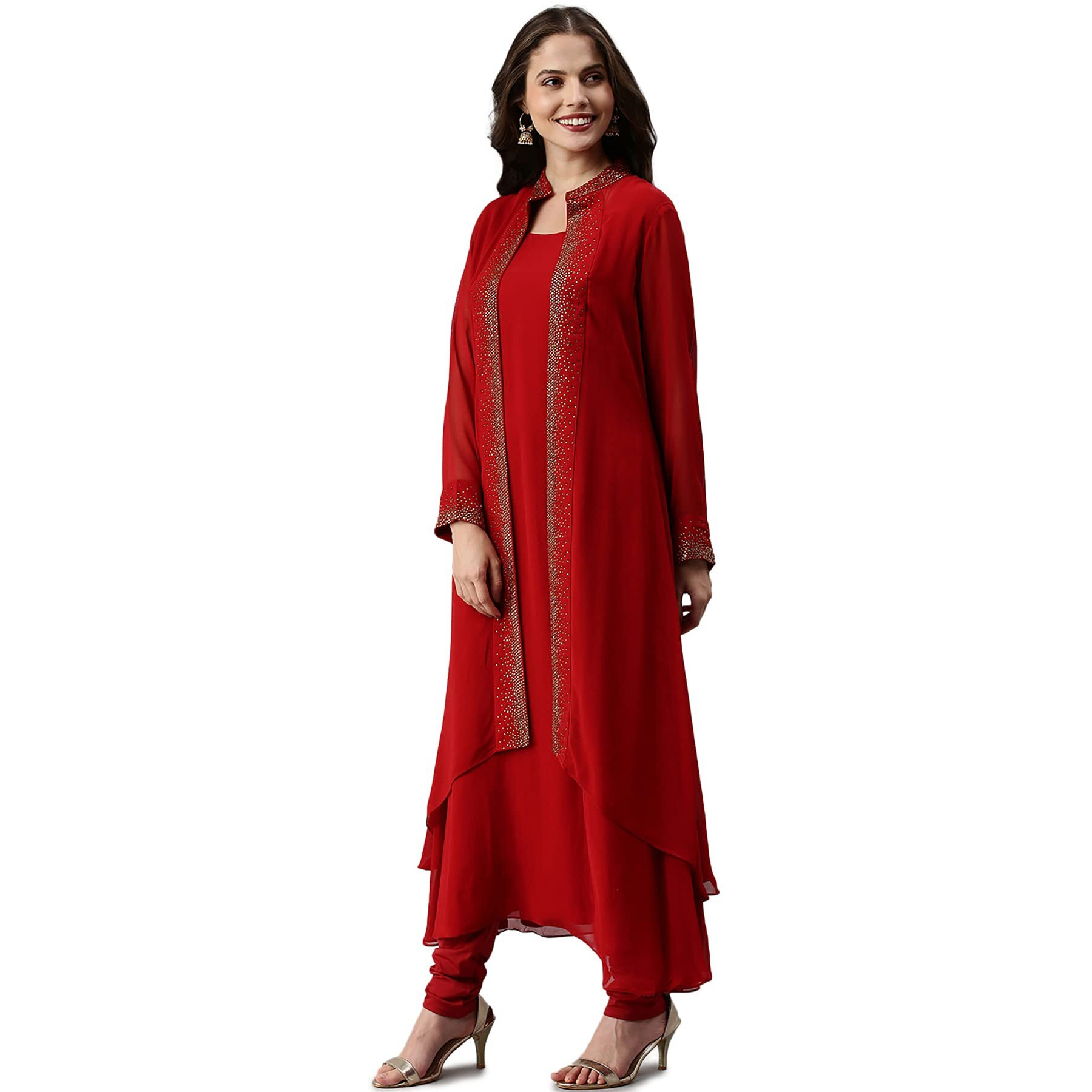 Soch Red Pure Georgette Embroidered Chudidar Set