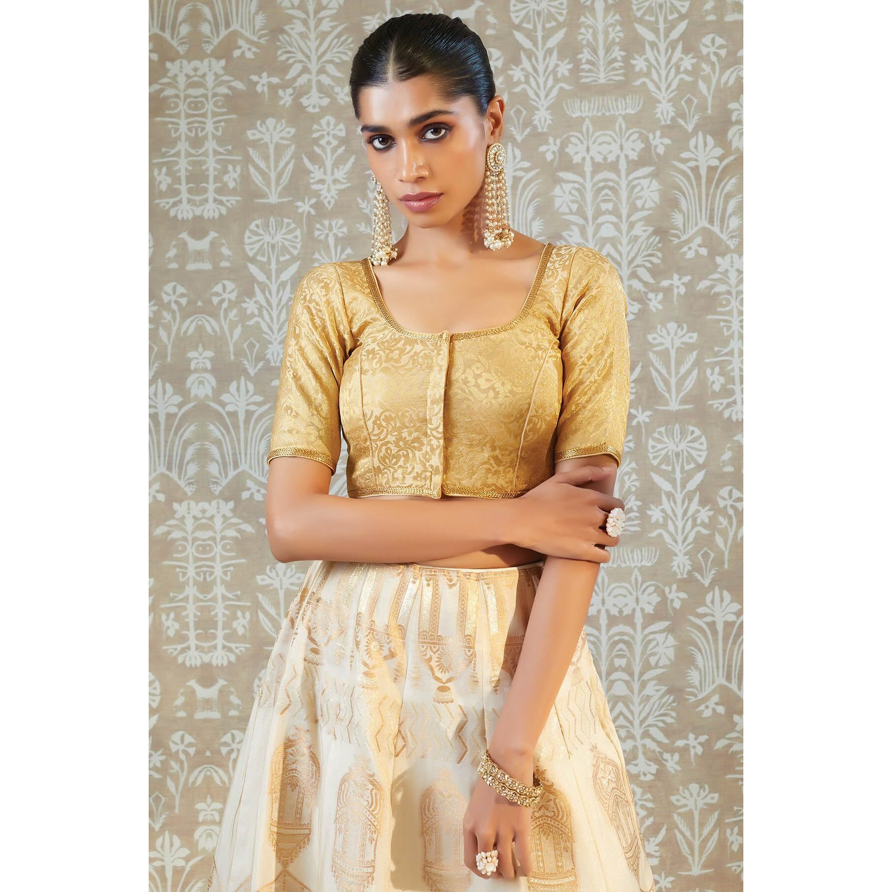 Soch Women Gold Art Silk Floral Blouse(Gold_38)