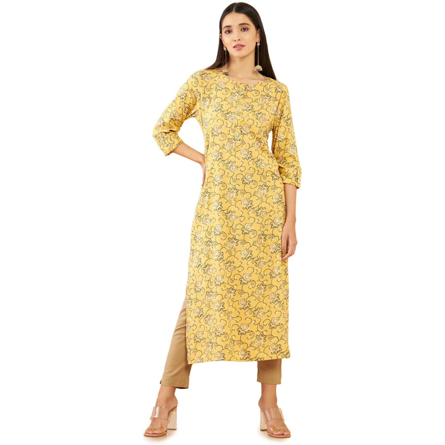 Soch Mustard Yellow Rayon Floral Print Straight Fit Kurta