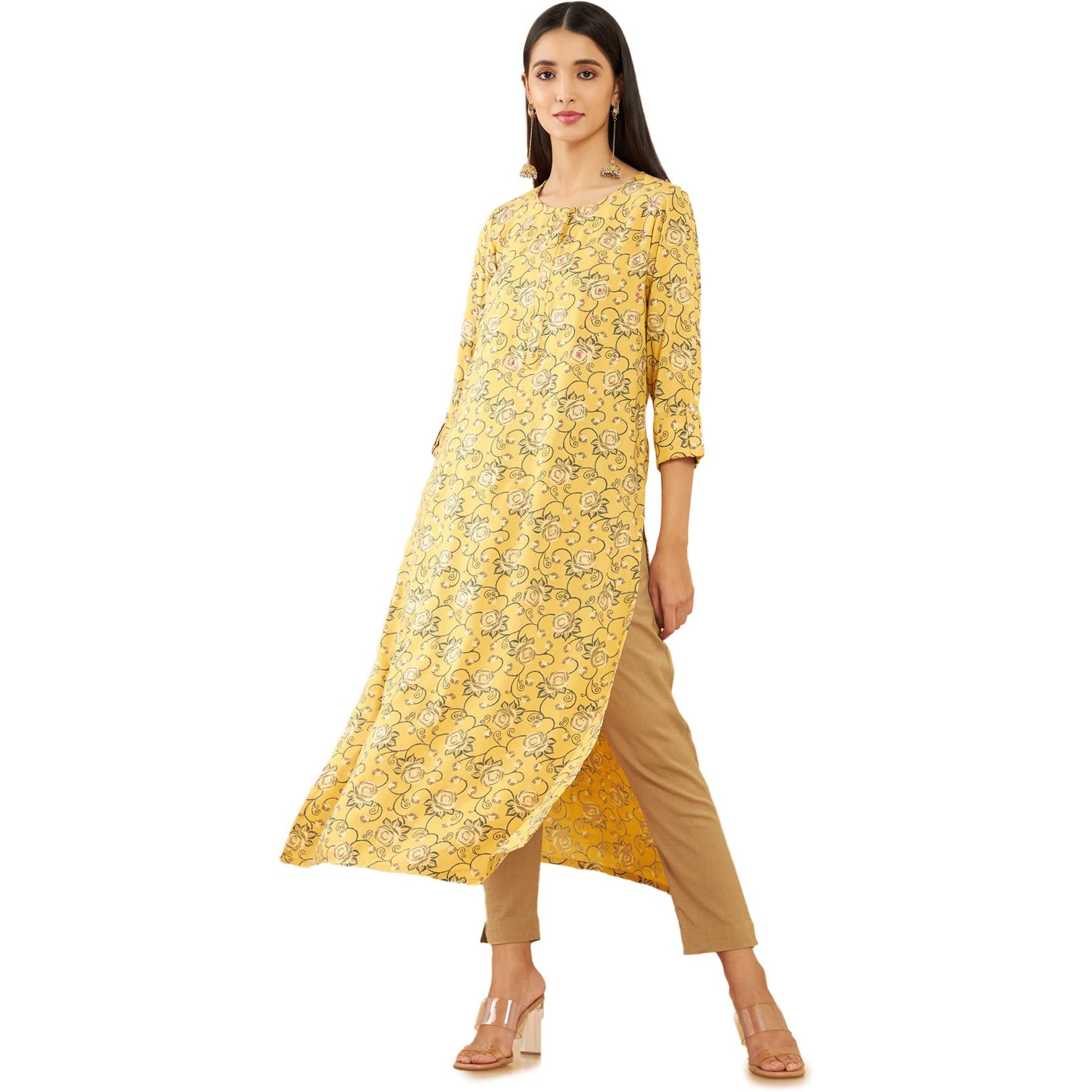 Soch Mustard Yellow Rayon Floral Print Straight Fit Kurta