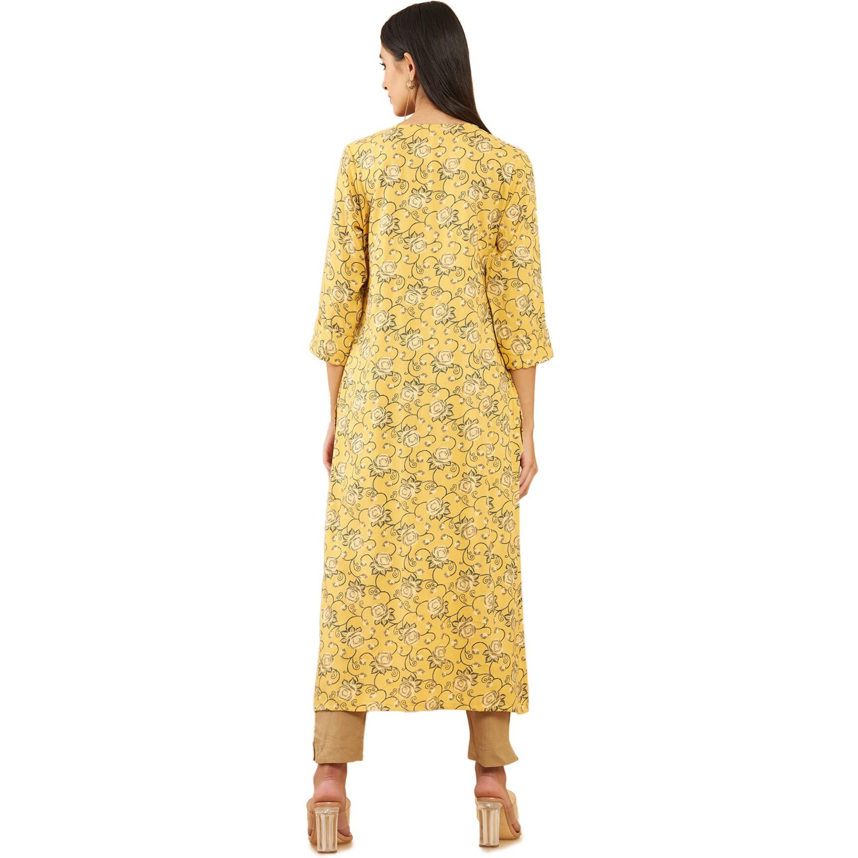 Soch Mustard Yellow Rayon Floral Print Straight Fit Kurta