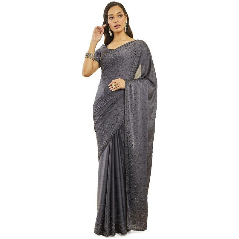 Soch Womens Grey Crepe All-Over Stone Embellished Saree