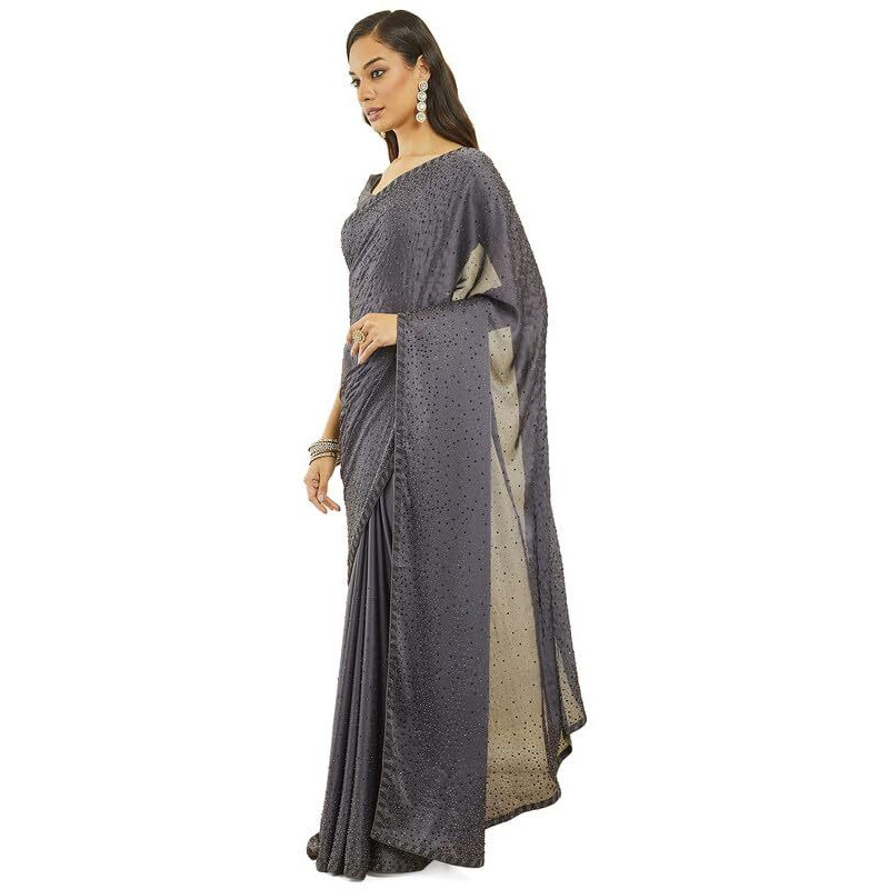 Soch Womens Grey Crepe All-Over Stone Embellished Saree