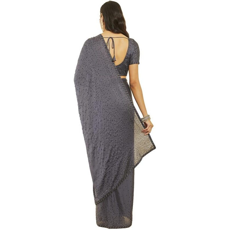 Soch Womens Grey Crepe All-Over Stone Embellished Saree