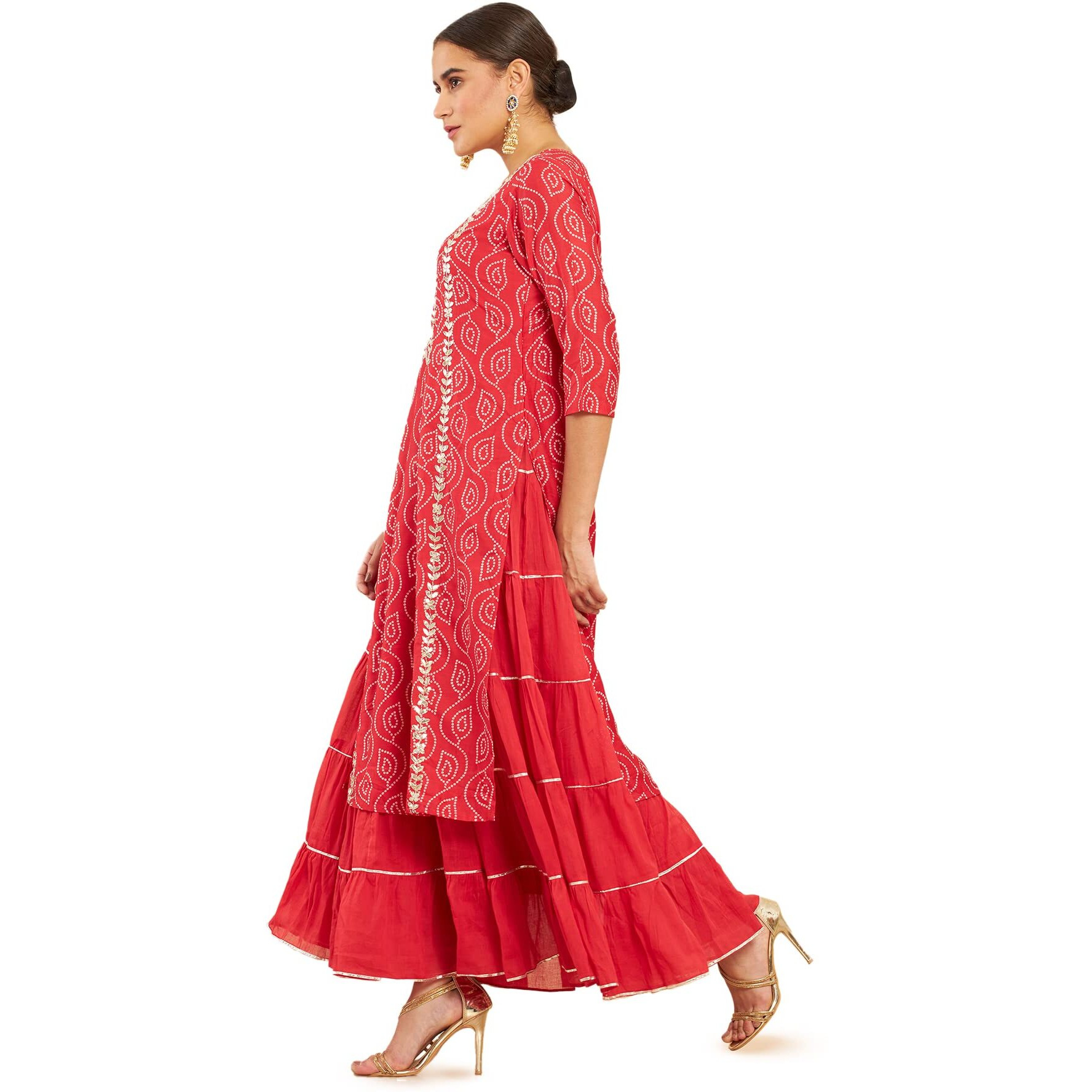 Soch Red Modal Layered And Tiered Kurta With Bandhani Print