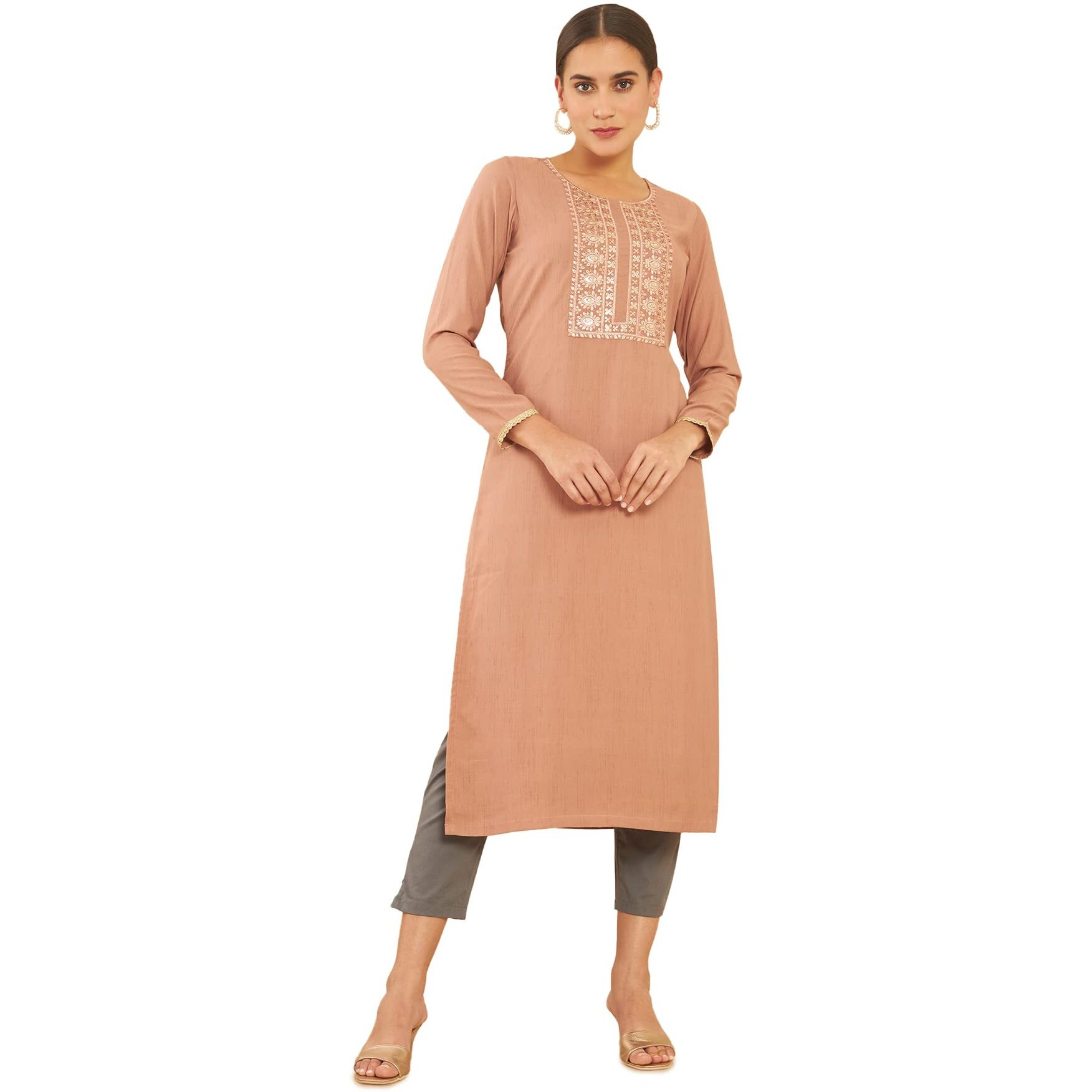 Soch Onion Pink Viscose Rayon Kurta With Embroidered Yoke