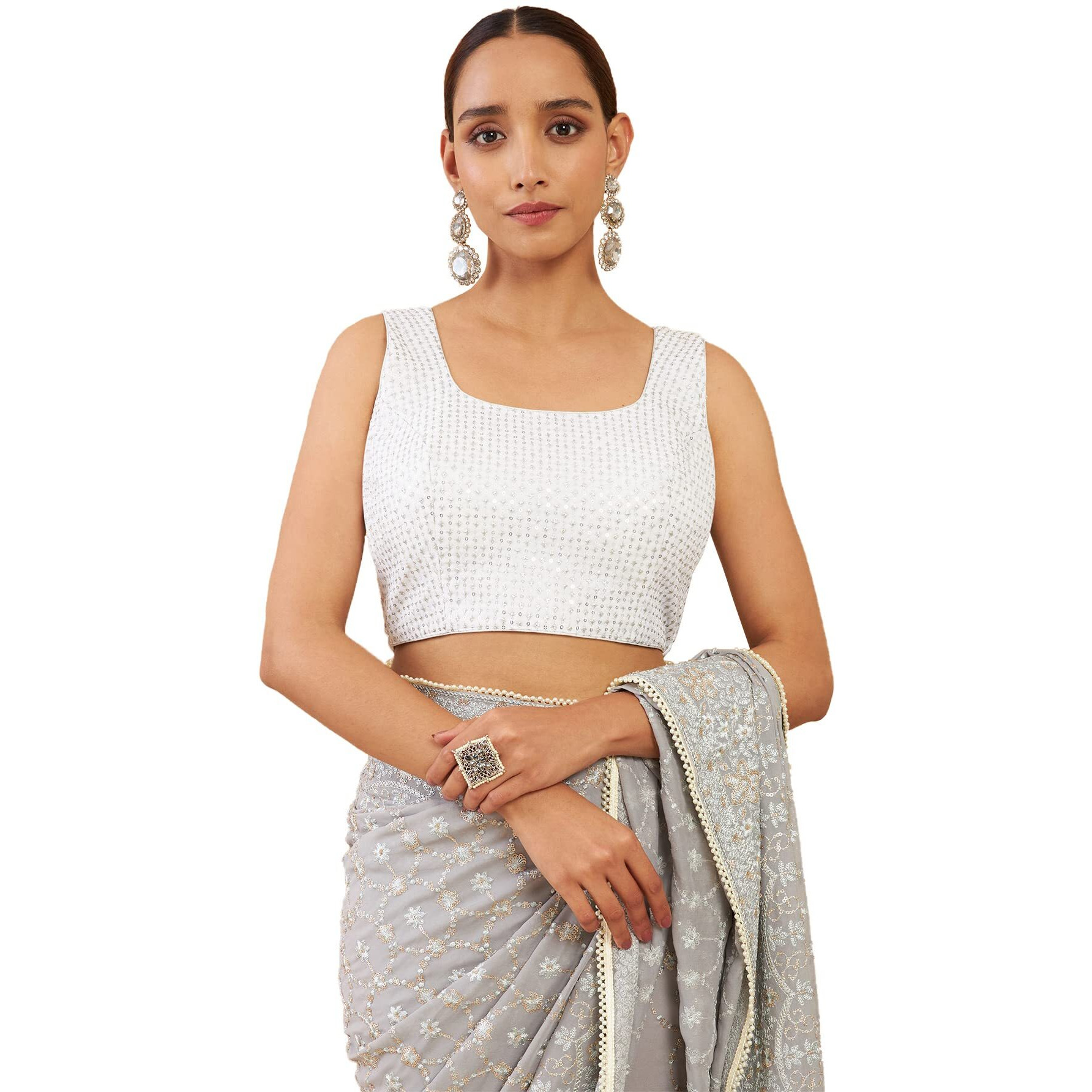 Soch Silver Art Silk Boat Neck Blouse With Embroidery And Sequins