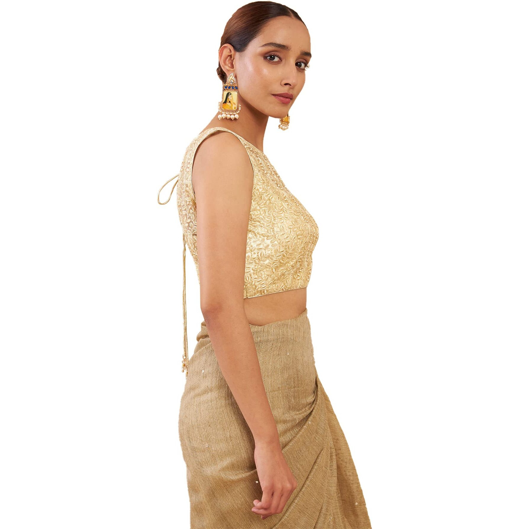Soch Gold Net Boat Neck Blouse With Embroidered Designs