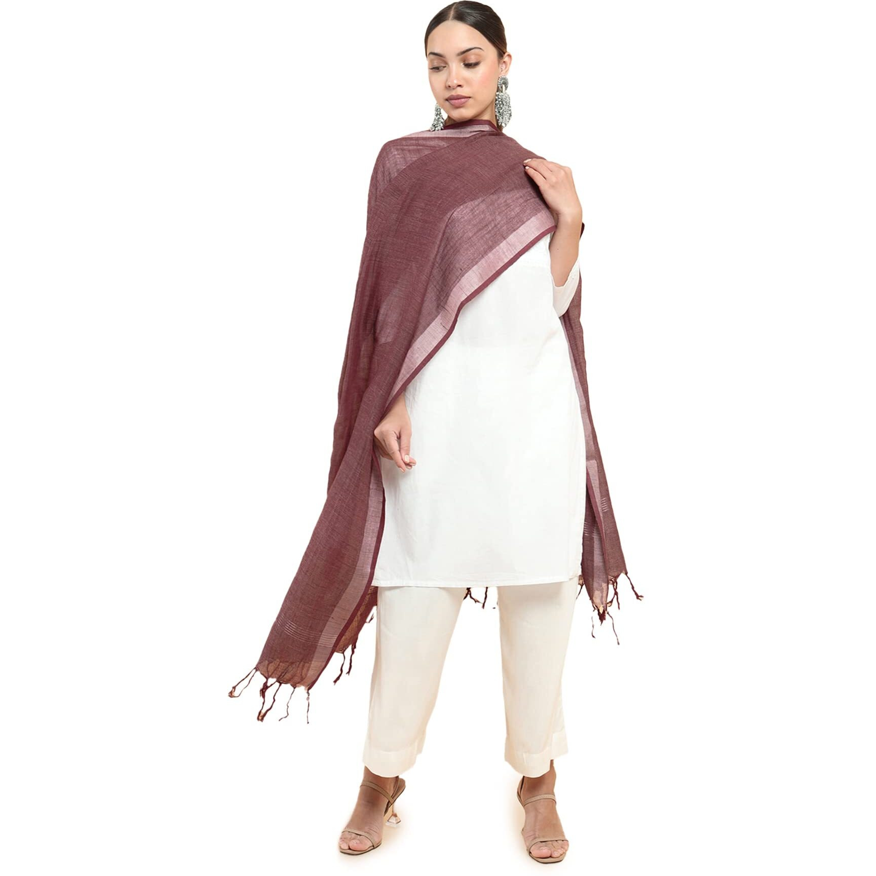 Soch Women Maroon Cotton Blend Solid Dupatta