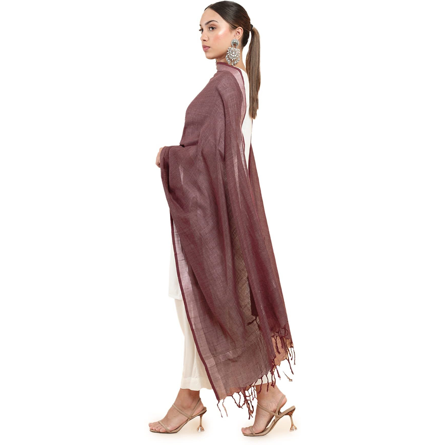 Soch Women Maroon Cotton Blend Solid Dupatta