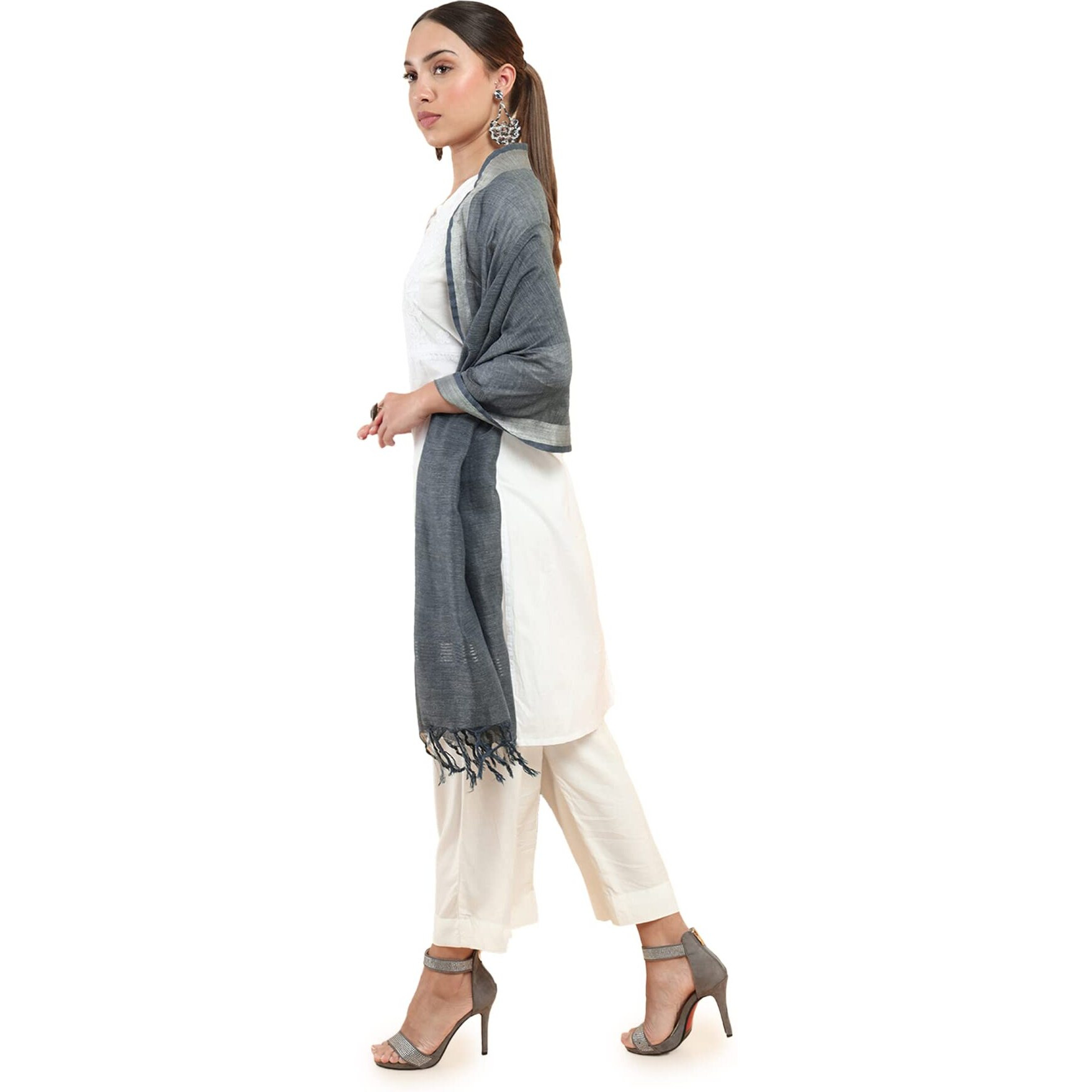 Soch Women Dark Blue Cotton Blend Solid Dupatta
