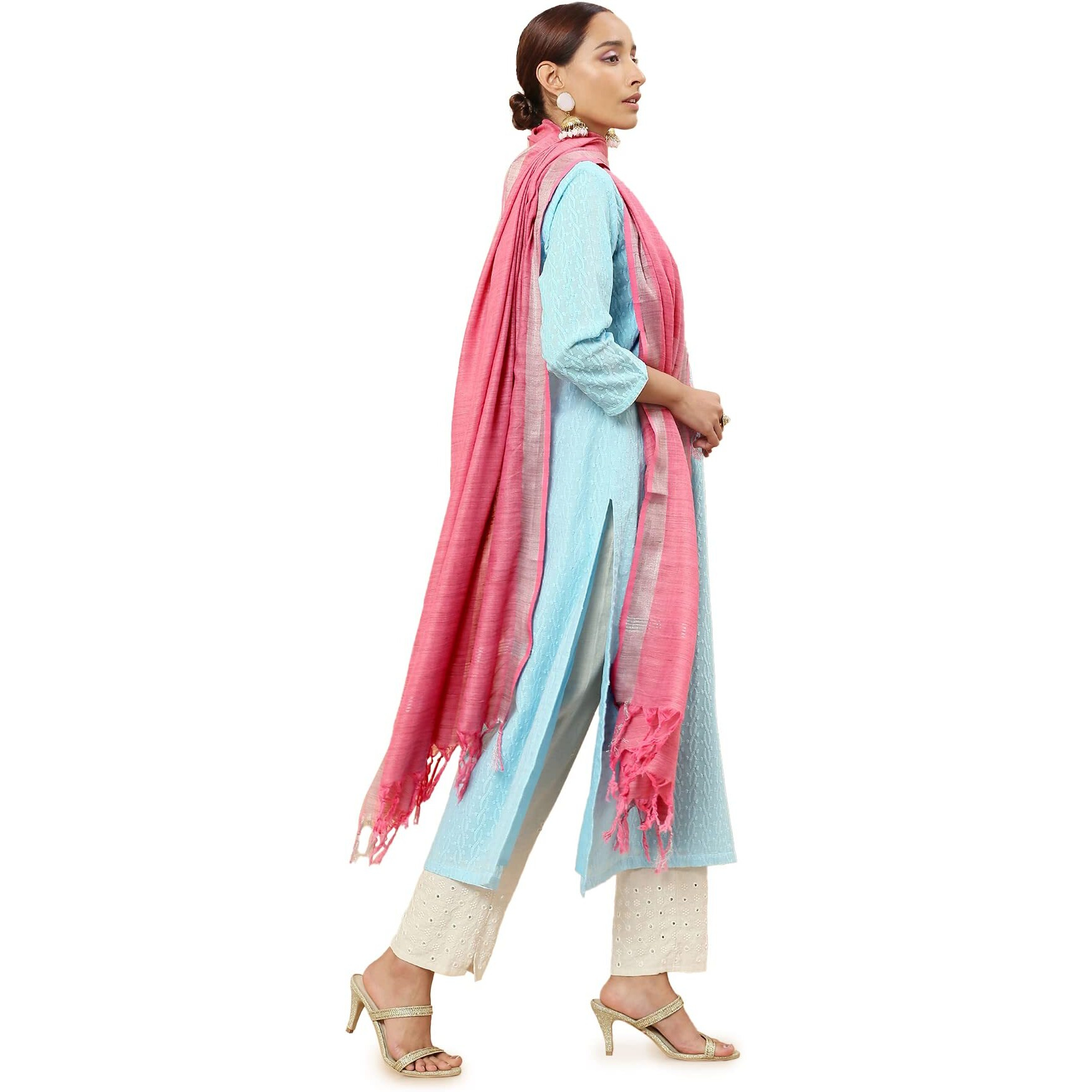 Soch Women Pink Cotton Striped Dupatta