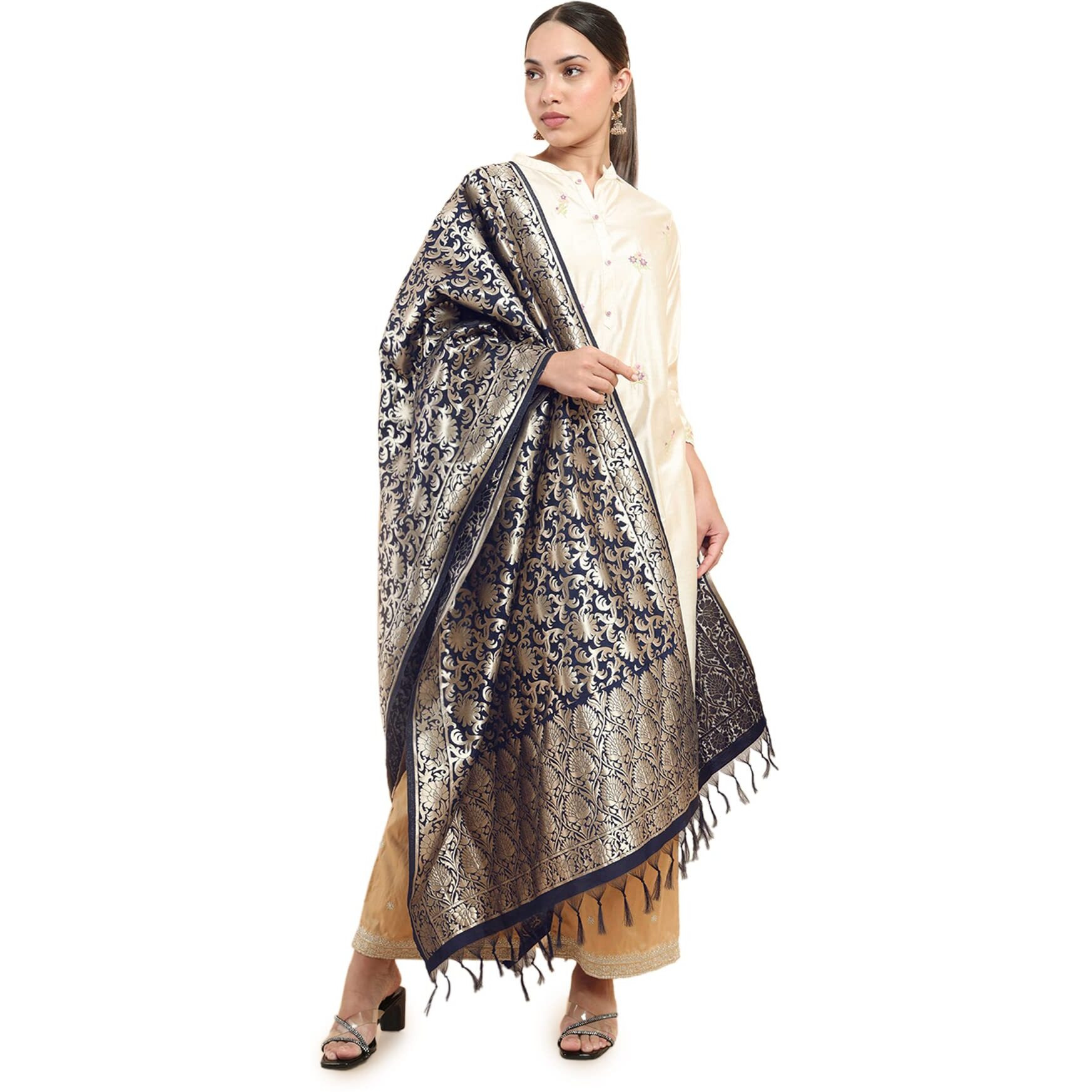 Soch Women Blue Cotton Blend Self Design Dupatta