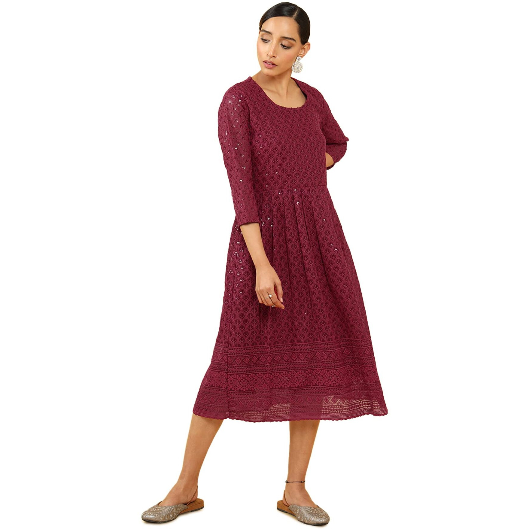 Soch Women Maroon Georgette Embroidered Kurta