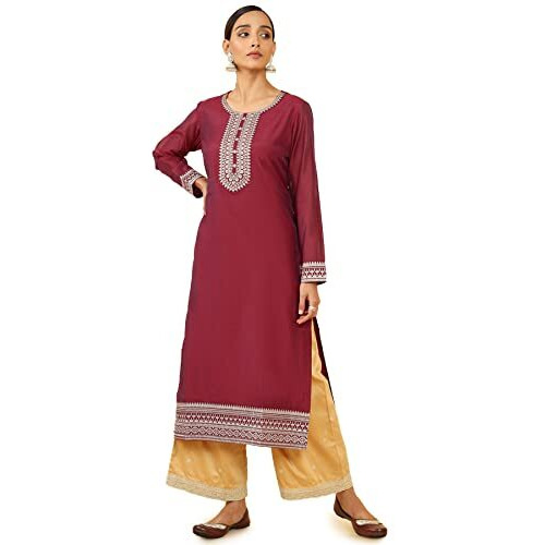 Soch Women Maroon Chanderi Embroidered Kurta