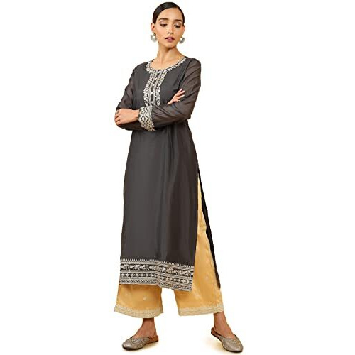Soch Women Grey Chanderi Embroidered Kurta