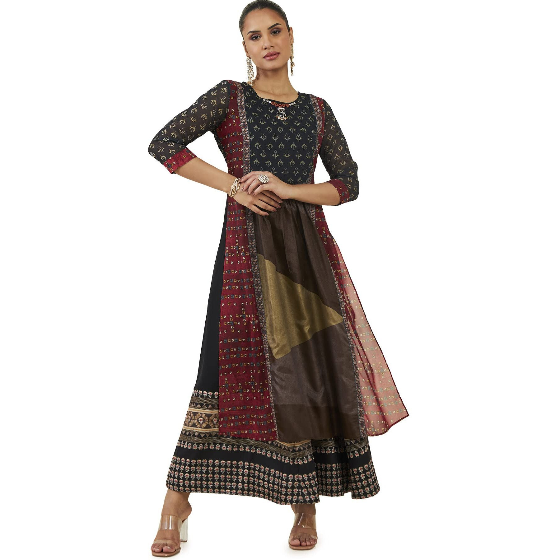 Soch Women Black Georgette Printed Dress Kurta(8907715537710_Black_Medium)