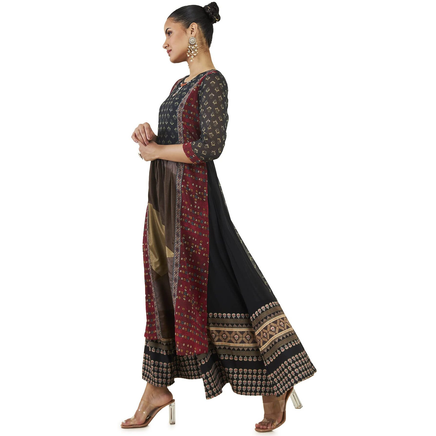 Soch Women Black Georgette Printed Dress Kurta(8907715537710_Black_Medium)