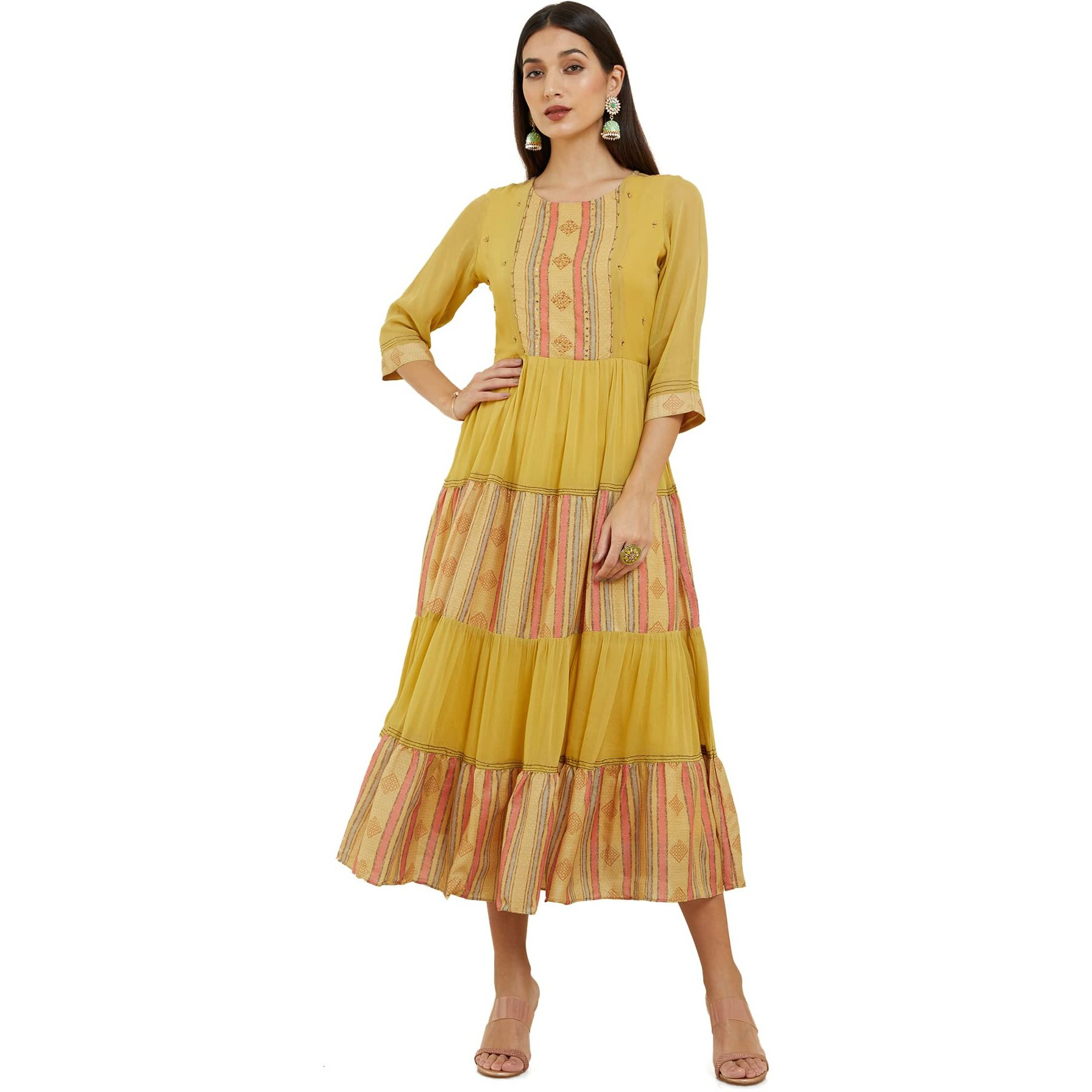 Soch Women Yellow Georgette Striped Dress