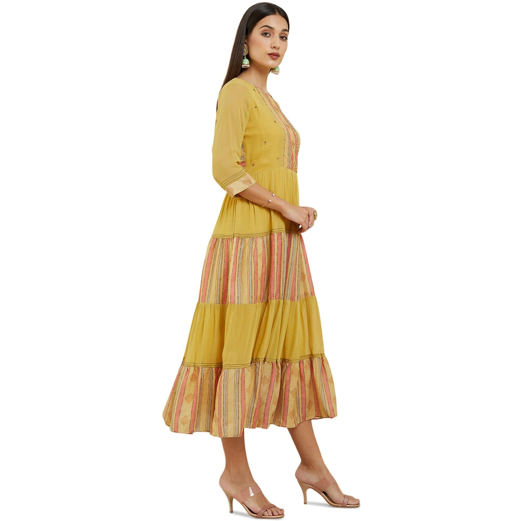 Soch Women Yellow Georgette Striped Dress