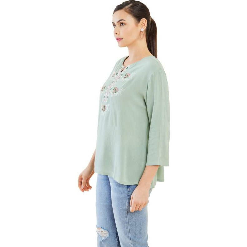Soch Womens Sap Green Crepe Tunic With Geometric Embroidery