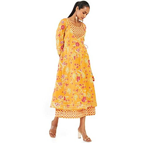 Soch Women Yellow Cotton Printed Dress Kurta(8907715610864_Yellow_L)