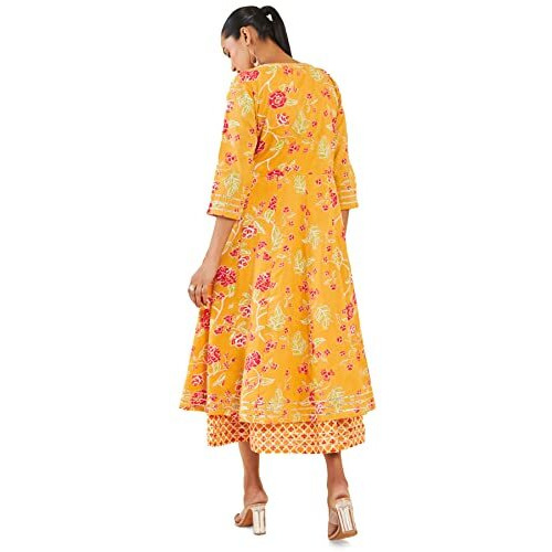 Soch Women Yellow Cotton Printed Dress Kurta(8907715610864_Yellow_L)