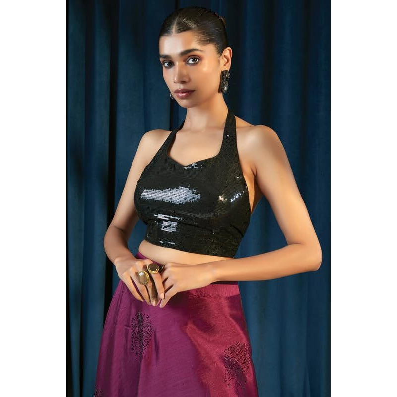 Soch Women's Black Georgette Sleeveless Blouse With Sequins, 34